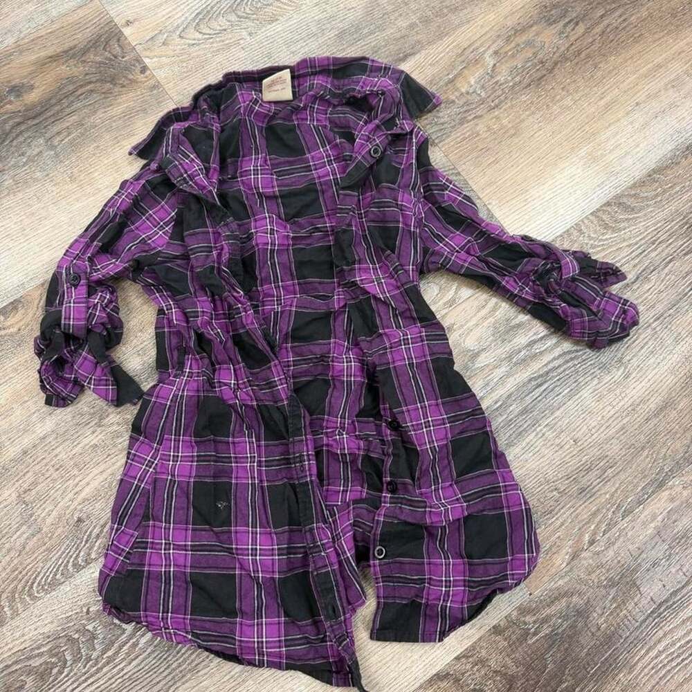 Faded Glory Plaid Tunic Shirt Size M (7-8) Purple Black Cotton